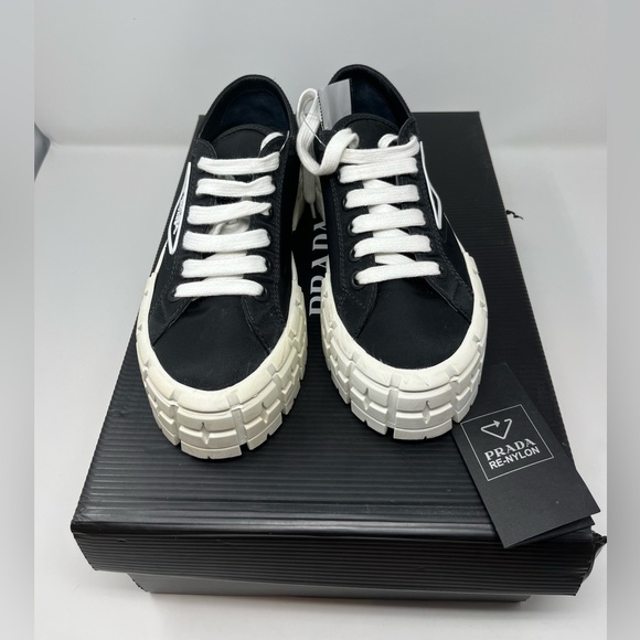 PRADA Double Wheel Re-Nylon gabardine Platform sneakers Black White size 37.5 - Picture 2 of 7